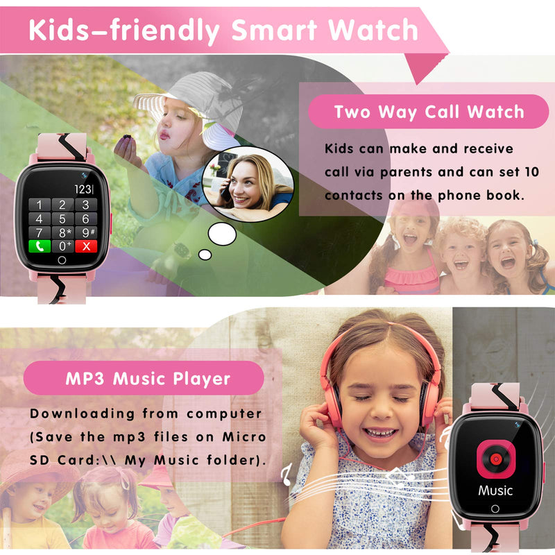 Kids Smart Watch for Boys Girls - Kids Smartwatch with Call 7 Games Music Player Camera SOS Alarm Clock Calculator 12/24 hr Touch Screen Children Wrist Watch for Kids Age 4-12 Birthday Gifts (Pink) Pink