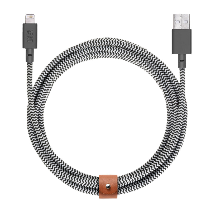 Native Union BELT Cable XL - 10ft Ultra-Strong Reinforced [MFi Certified] Durable Lightning to USB Charging Cable with Leather Strap compatible with iPhone 14, iPhone 13, iPhone 12 and Earlier (Zebra) Zebra