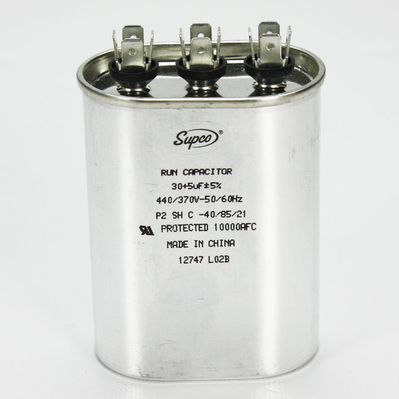 SUPCO CD30+5X440 Dual Motor Run Capacitor, Oval, 30 + 5 Mfd x 440V, 3.625" Height, 1.75" Width, 2.8125" Length