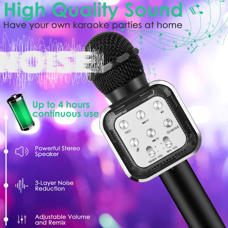 KIDWILL Wireless Bluetooth Karaoke Microphone 5 in 1 Handheld Karaoke Microphone with LED Lights, Portable Microphone for Kids Adults Birthday Party KTV Christmas (Black) Black