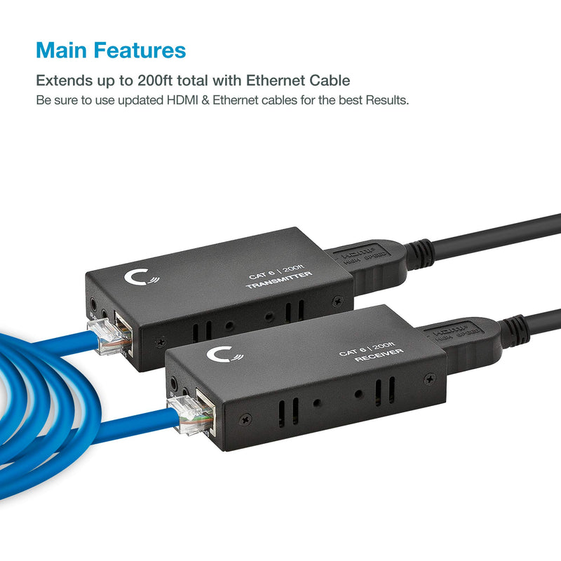 Expert Connect | HDMI Extender Over Cat5e / Cat6 / Cat7 Ethernet Cable Up to 330 Feet (200 Feet Ethernet Cable + 130 Feet HDMI Cable), 1080p, 3D 1080p - 200ft