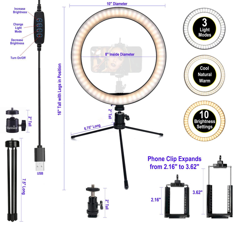 DaVoice LED Ring Light 10" with Tripod Stand & Phone Holder for Live Streaming & YouTube Video, Dimmable Desk Makeup Ring Light for Photography with 3 Light Modes & 10 Brightness Level