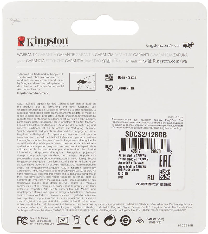 Kingston 128GB microSDXC Canvas Select Plus 100MB/s Read A1 Class 10 UHS-I Memory Card + Adapter (SDCS2/128GB) microSD Card Fast (Up to 100 MB/s) Single