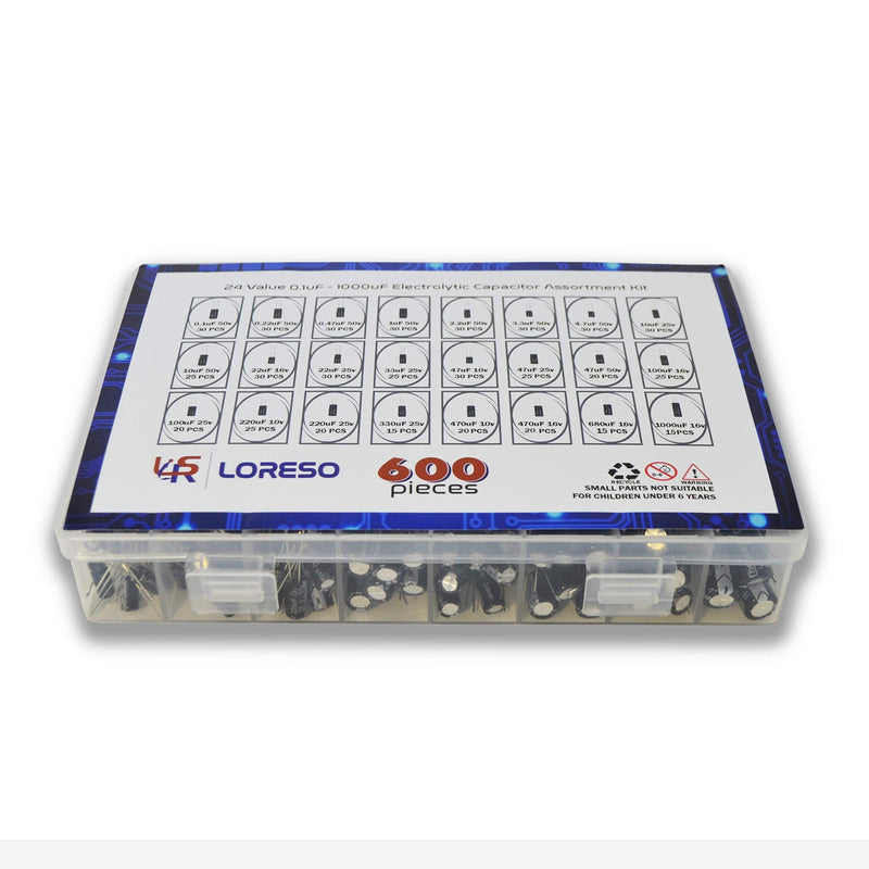 Electrolytic Capacitor Assortment Kit Box by Loreso 600pcs 24 Value - Electrolytic Capacitors 0.1uf to 1000uf 50V, for Aurdiono Hobby Electronics, Audio-Video Project Electronic Repair