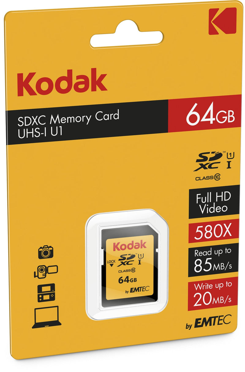 Kodak 64 GB Class 10 UHS-I U1 SDXC Premium Memory Card, 85MBs Read Speed, 25MBs Write Speed for Full HD Videos and High-Resolution Pictures, Compatible with Devices supporting SDHC and SDXC Standards 64GB