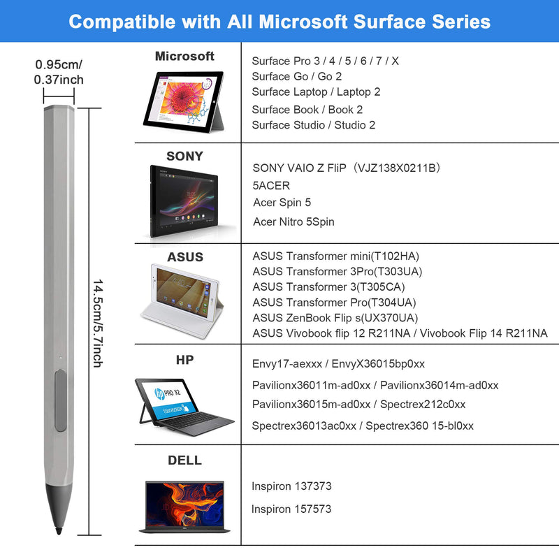 Stylus Pen for Surface 4096 Pressure Sensitivity with Eraser Button, Palm Rejection & Tilt Surface Pen , Magnet Pen for Surface Pro/Go/Book/Laptop/Studio Series, Rechargeable