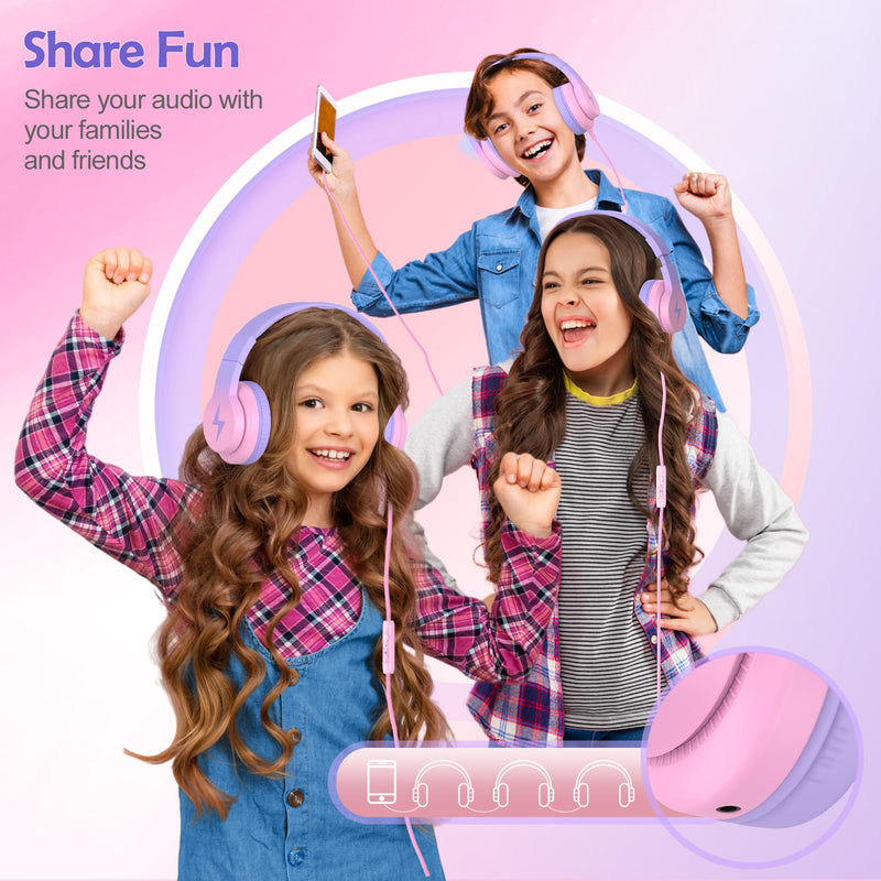 Candy Bila Kids Headphones, Wired Headphones for Kids with Microphone, 85/94dB Volume Limiter Headphones for Girls Boys with Sharing Jack, Foldable Headphones for Online Study, Gradient Red