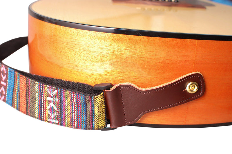 MUSIC FIRST Original Design, 2 inch width (5cm), Classic Country Style Soft Cotton & Genuine Leather Guitar Strap, Ukulele Strap, Mandolin Strap