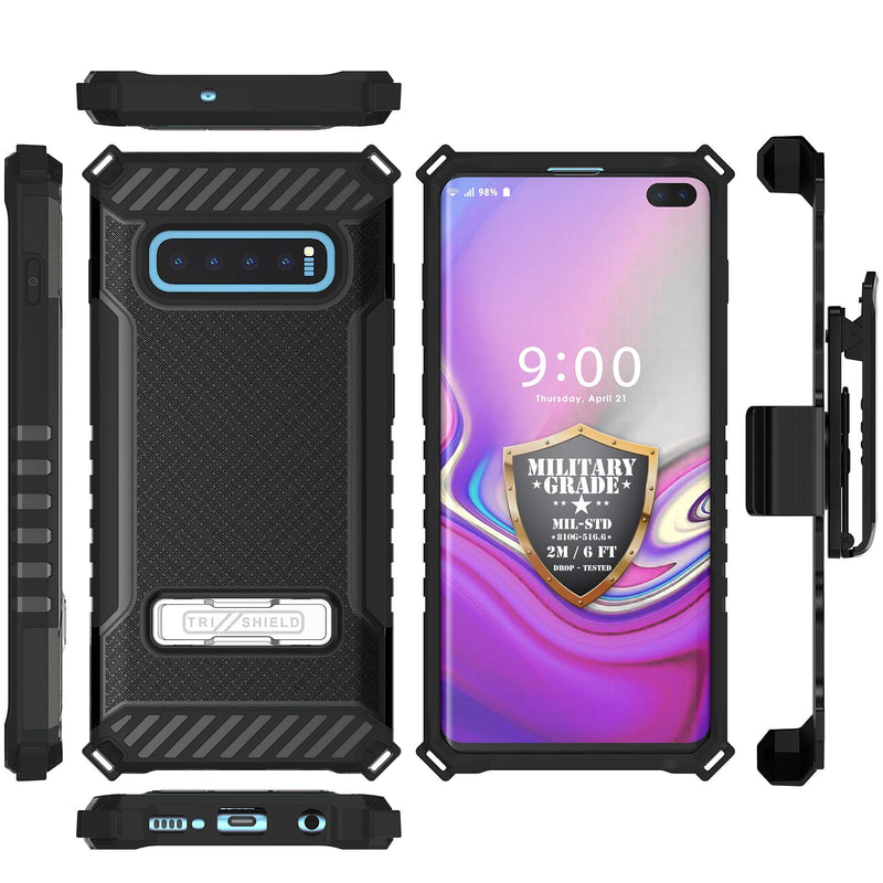 Beyond Cell TRISHIELD Series Rugged Cover with + [Belt Clip Holster] + [Built in Kickstand] Compatible with Galaxy S10 Plus- US Flag Skull #2 Galaxy S10+ Plus