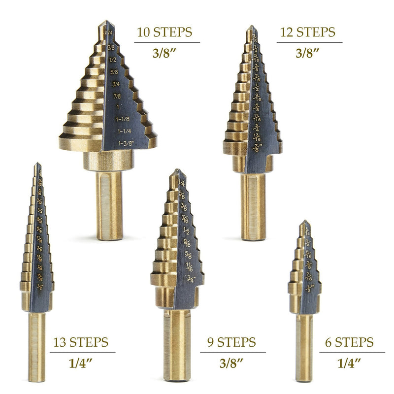 CO-Z Step Drill Bits, HSS 5PCS Titanium Step Drill Bit Set, 50 Sizes in 5 High Speed Steel Unibit Drill Bits Set for Sheet Metal with Aluminum Case, Multiple Hole Stepped Up Bits for DIY Lovers33