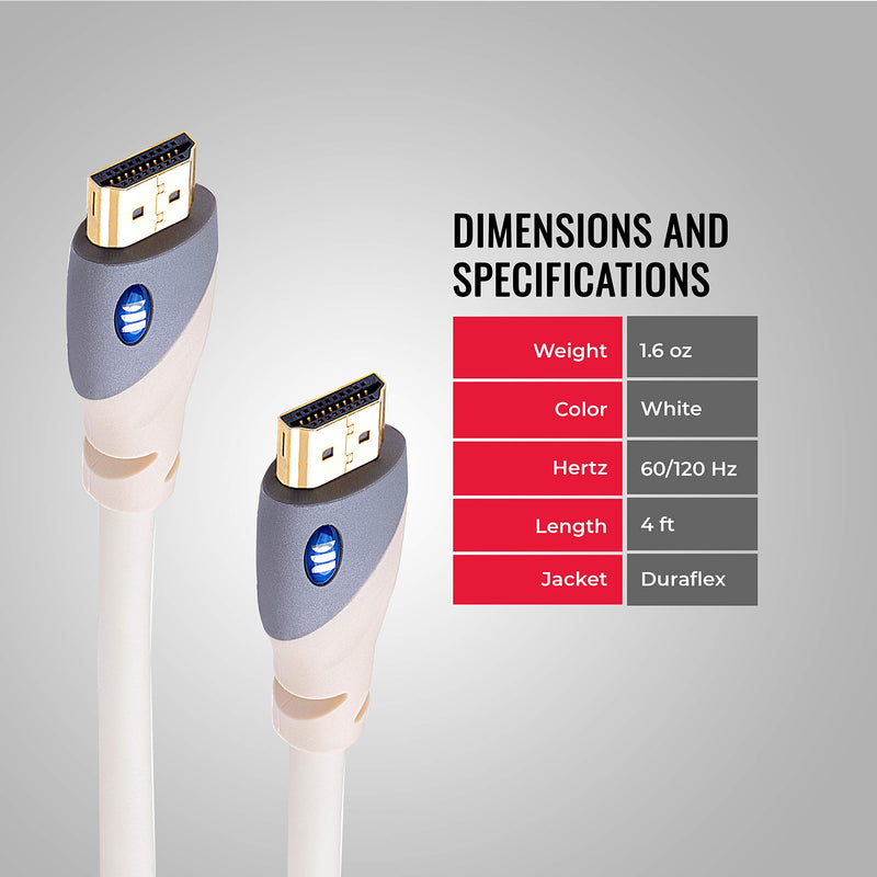 [AUSTRALIA] - Monster 4ft HDMI Cable 4k Ultra HD with Ethernet Cord - 60/120 Hz Refresh Speed - 18Gbps High Definition 1080p Video and Lossless Audio with Corrosion-Resistant 24k Gold Contacts and V-Grip Connection 4 FT White 