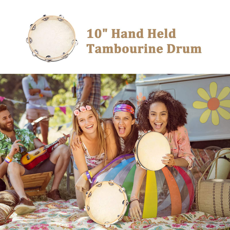 Andoer 10" Hand Held Tambourine Drum Bell Birch Metal Jingles Percussion Musical Educational Toy Instrument for KTV Party Kids Games 10 inch
