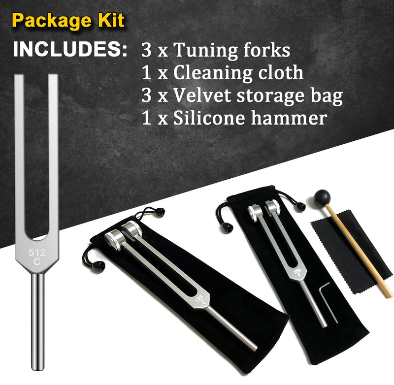 Tuning Fork Set (128Hz, 256Hz, 512Hz), Body Tuning Forks Chakra Set, for Medical Sound Healing Therapy, Meditation, DNA Repair, Reiki Energy, Guitar Tune Fork — Best Gift for Sound Healer