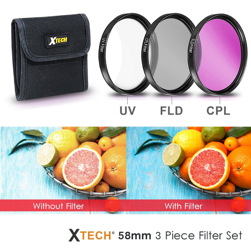 PRO 58MM Lens Filters Kit (UV FLD CPL) + 58mm Close Up Macro Filters (+1 +2 +4 +10) + 58mm ND Filter Kit (ND2 ND4 ND8) + 58mm Lens Hood + Xtech Camera Accessories Starter Kit + More