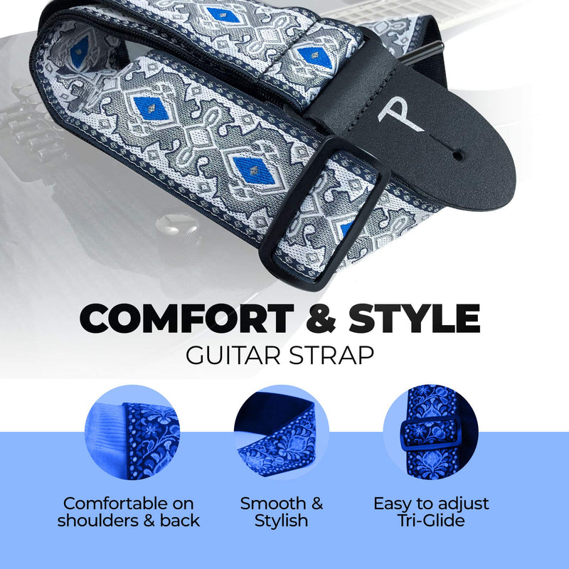 Perri’s Leathers Ltd. - Guitar Strap - Nylon - Jacquard - Adjustable - for Acoustic/Bass/Electric Guitars - Made in Canada Royal Silver
