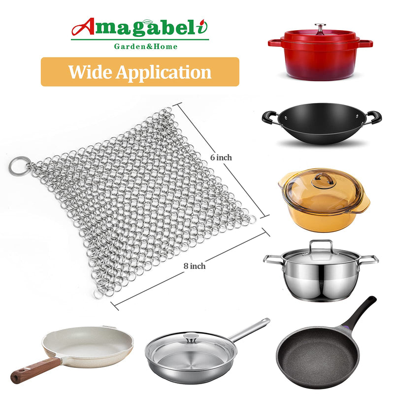 Amagabeli Cast Iron Cleaner 8"x6" Rectangle Metal Scrubber with Hanging Ring 316 Premium Stainless Steel Chainmail Scrubber for Cast Iron Pans CS03 8"x6"