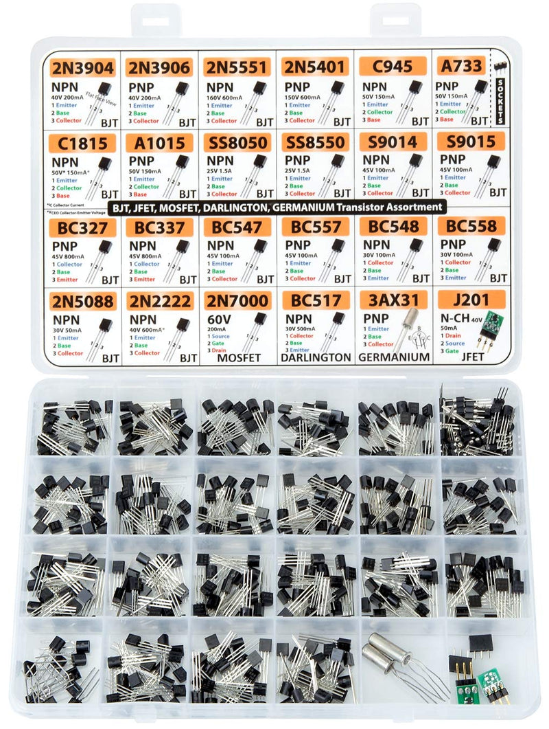 Transistor Assortment Kit, 434 pcs 24 Values, BJT, Mosfet, Germanium, Darlington, JFET, Sockets, 2n3904 2n3906 2n5551 2n5401 C945 A733 C1815 SS8050 BC547 BC558 2n5088 2n2222 2n7000 BC517 3AX31 J201