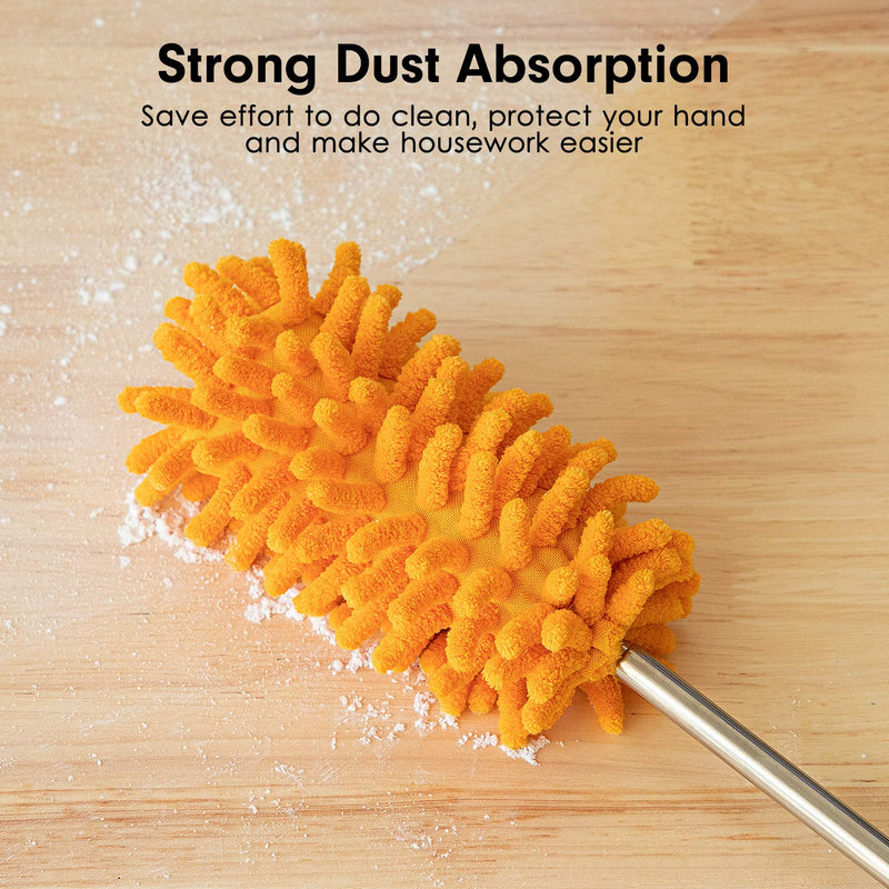 Microfiber Duster for Cleaning, Tukuos Hand Washable Dusters with 2pcs Replaceable Microfiber Head, Extendable Pole, Detachable Cleaning Brush Tool for Office, Car, Window, Furniture, Ceiling Fan Bright Orange