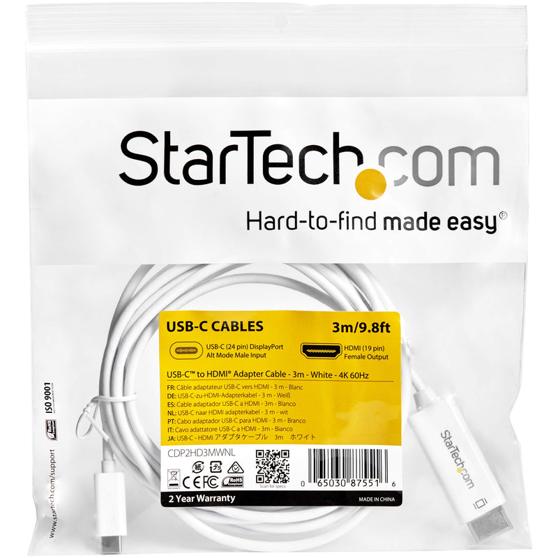 StarTech.com 10ft (3m) USB C to HDMI Cable - 4K 60Hz USB Type C to HDMI 2.0 Video Adapter Cable - Thunderbolt 3 Compatible - Laptop to HDMI Monitor/Display - DP 1.2 Alt Mode HBR2 - White (CDP2HD3MWNL) 9.8 feet