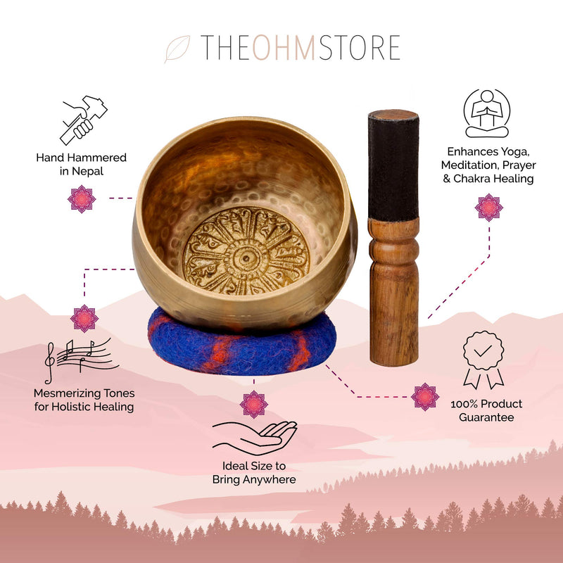 Tibetan Singing Bowl Set with Healing Mantra Engravings — Meditation Sound Bowl Handcrafted in Nepal