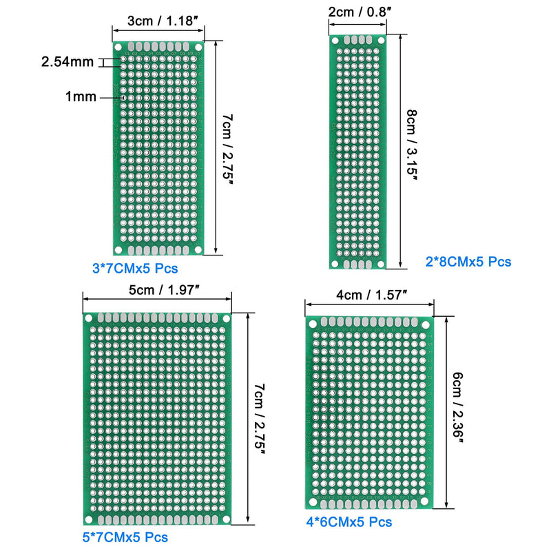 uxcell Double-Sided PCB Board Printed Circuit Boards Kit (4 Sizes 4x6 5x7 3x7 2x8) Prototyping Board for DIY Soldering Electronic Projects Practice Test Circuit 20pcs