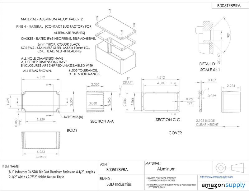 BUD Industries CN-5704 Die Cast Electronic Accessory, Custom Build Extruded Industrial Structure 4.51" L x 2.5" W x 2.22" H, Gray