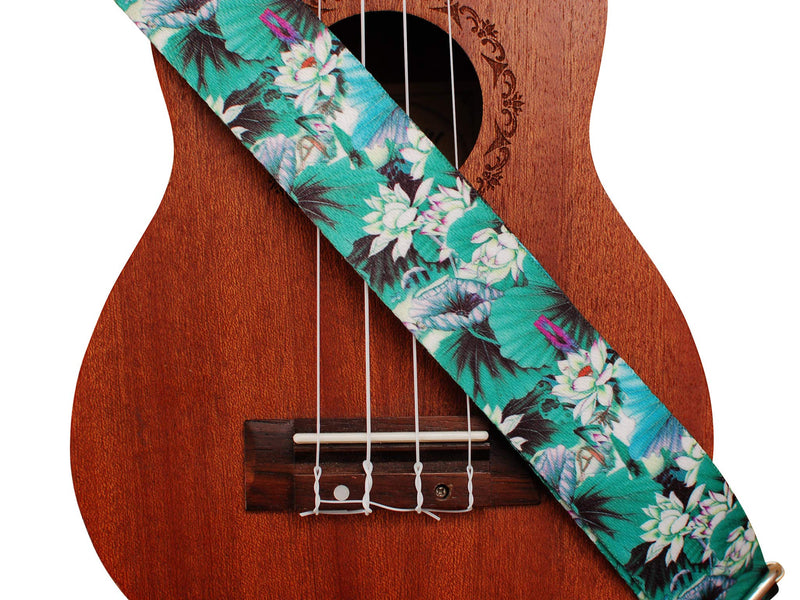 MUSIC FIRST Original Design “LOTUS” Soft Nylon & Genuine Leather Ukulele Strap Ukulele Shoulder Strap With a MUSIC FIRST Genuine Leather Strap Locker