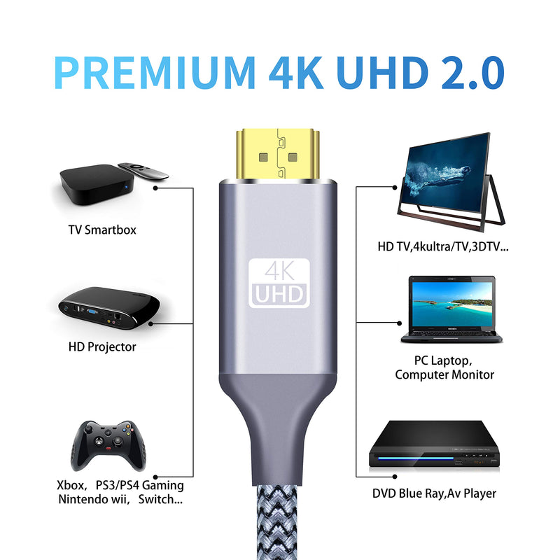 KUYIA 4K HDMI Cable 6 Ft, High Speed HDMI Cable, HDMI 2.0 Cable, 3D/60Hz, Durable Braided HDMI Cord 6 Feet, Audio Return(ARC) Compatible UHD TV, Blue-ray, PS4, PS3, HDCP2.2, 1-Pack, Silver Grey