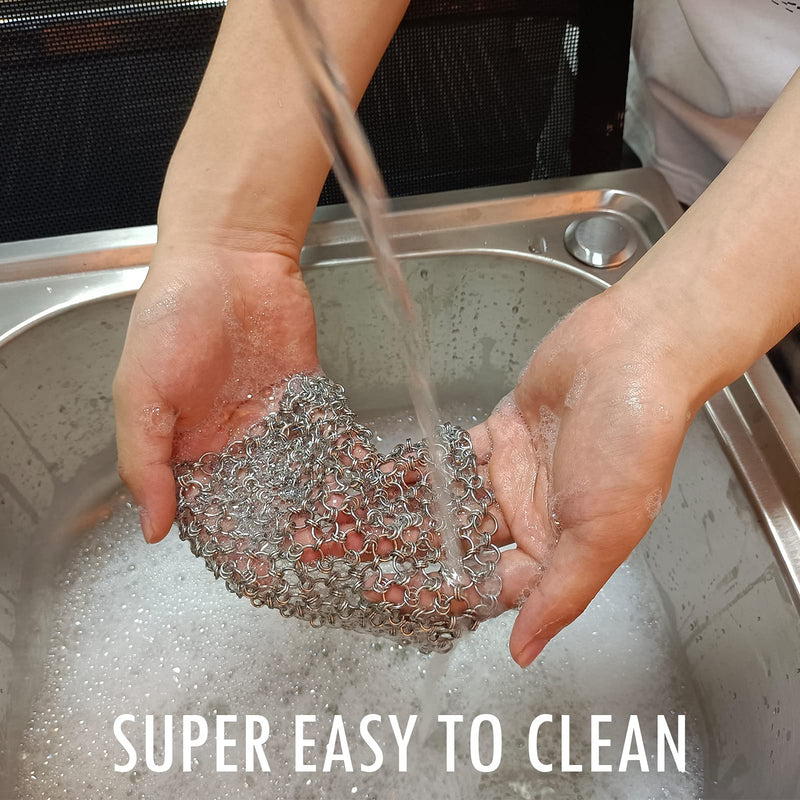 2Pack Cast Iron Cleaner Stainless Steel Chain Mail Scrubber, Iron Skillet Scrub Brush for Pan Pot Chain Scrubber Cleaning Dutch Ovens Carbon Steel Wok Grill Pan, Chain Mail to Clean Castiron by Herda 4 Inch (Pack of 2)