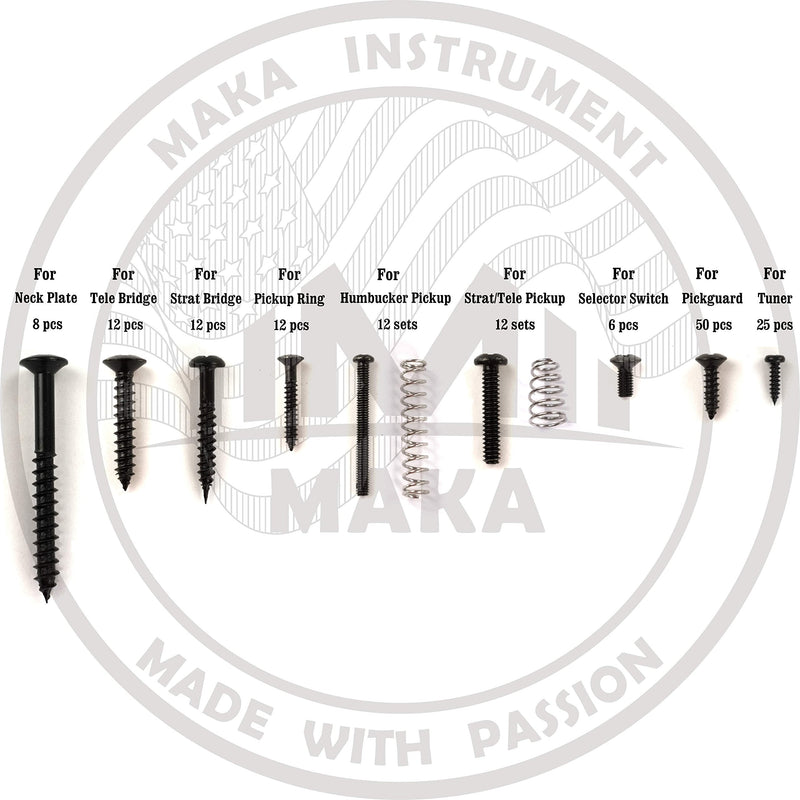 MAKA Guitar Screw Kit Assortment Box Kit for Electric Guitar Bridge, Pickup, Pickguard, Tuner, Switch, Neck Plate, with Springs, 9 Types, Total 149 Screws, Black