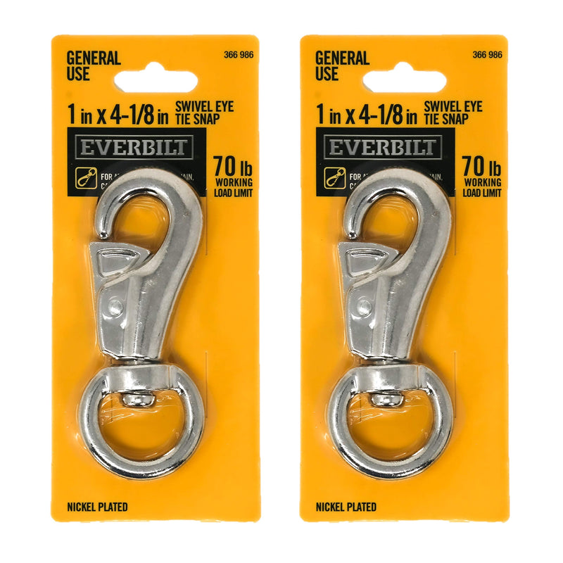 4-1/8 inch Swivel Eye Tie Snap Hook (2 Pack), 70 Lbs. (31.7 kg) Working Load Limit, 1 in. Thick Hook with Nickel Plated Exterior, Ideal to Use with Ropes, Chains, Straps, and Animal Leashes 4-1/8 in. Swivel Eye Tie Snap Hook (70 lb) Spring & Snap
