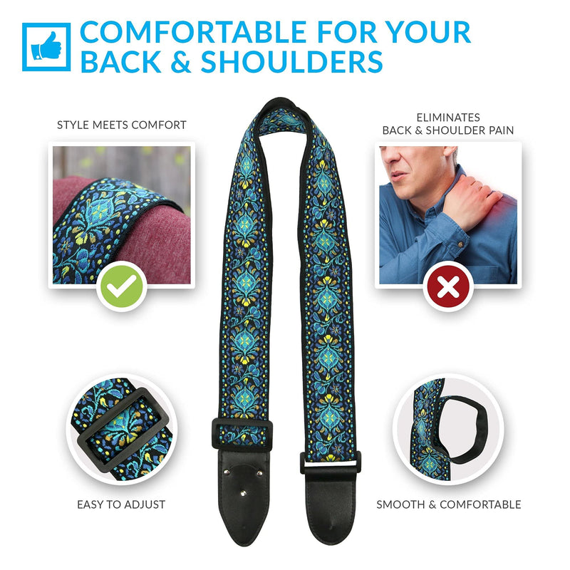 [AUSTRALIA] - Hootenanny Guitar Strap, Jacquard Weave Embroidered Strap Includes 2 Strap Locks & 2 Unique Picks. Adjustable Strap, Pick Pocket, For Bass, Electric & Acoustic Guitars Gift for Men & Women Blue Woven 