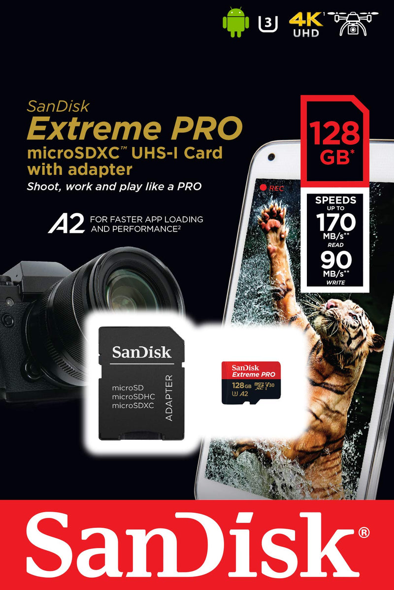 SanDisk Extreme Pro SDXC UHS-I U3 A2 V30 128GB + Adapter, SDSQXCY-128G-GN6MA