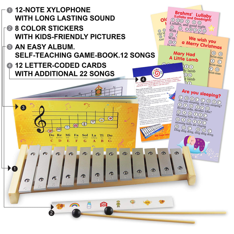 inTemenos Glockenspiel 12 Note - Play-by-Picture Xylophone with Sheet Music Book - 34 Easy Play Songs
