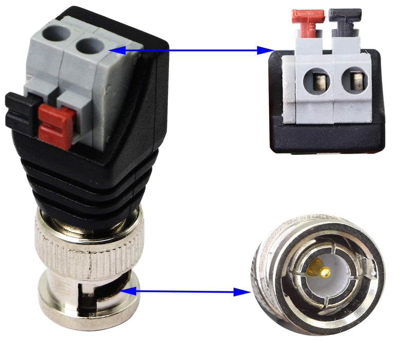 zdyCGTime BNC Video Baluns Adapter BNC Male Plug to 2 Pin/Way Screw Terminal Video Audio Spring Press Type Balun with Solderless Screw Terminal for Coax Cat5 to BNC CCTV Security Surveillance(10-pack)