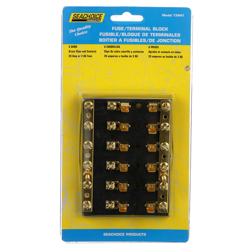 Seachoice 6-Gang Fuse and Terminal Block, Brass Clips and Contacts, SFE 20 Amp of 3AG Fuse