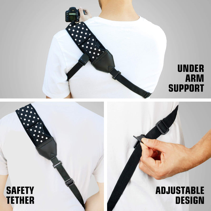 USA GEAR Camera Sling Shoulder Strap with Adjustable Neoprene, Safety Tether, Accessory Pocket, Quick Release Buckle - Compatible w/ Canon, Nikon, Sony and More DSLR and Mirrorless Cameras (Polka Dot) Polka Dot