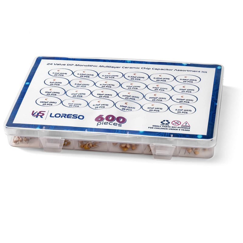 Ceramic Capacitor Assortment Kit Box by Loreso - 600 pcs 24 Value Electronics Assortment Kit Includes 10pf to 10uf 50V Ceramic Capacitors for Hobby Electronics, Audio-Video Project Electronic Repair