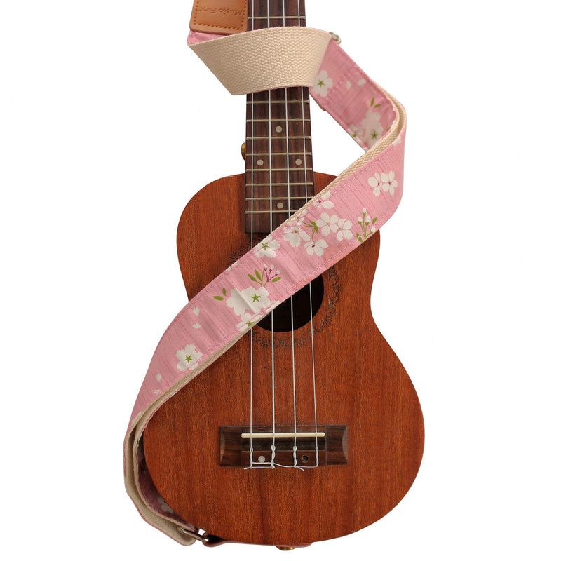 [AUSTRALIA] - MUSIC FIRST Original Design Vintage “Pink Sakura” Soft Cotton & Genuine Leather Ukulele Strap Ukulele Shoulder Strap With a MUSIC FIRST Genuine Leather Strap Locker 