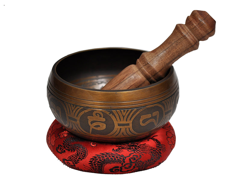 Special Etching Tibetan Singing Bowl Set By Dharma Store - Buddhism Yoga Meditation - With Striker & Cushion