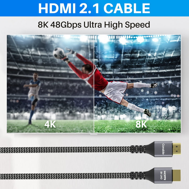 8K HDMI 2.1 Certified Cable 3.3 Feet (2 Pack) 48Gbps High Speed Ultra HD Braided Cord (2ft to 30ft) 8K@60Hz 4K@120Hz eARC HDR HDCP 2.2 2.3 with 50 Ties, 50 U Nails and 2 HDMI Adapter - 3.3 ft (1.01 M) 3.3 Feet (2 Pack)