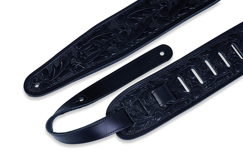 Levy's Leathers 3" Padded Veg-Tan Leather Leather Guitar Strap; Acorn and Oak Leaves Design - Black (PM44T01-BLK) Standard
