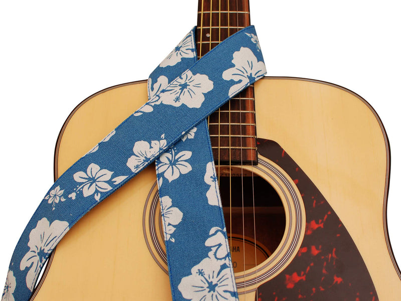 MUSIC FIRST Original Design, 2 inch width (5cm), Hawaii Style “Blue and White Plumeria” Soft Cotton & Genuine Leather Delux Guitar Strap, Ukulele Strap, Mandolin Strap, Salute ELVIS