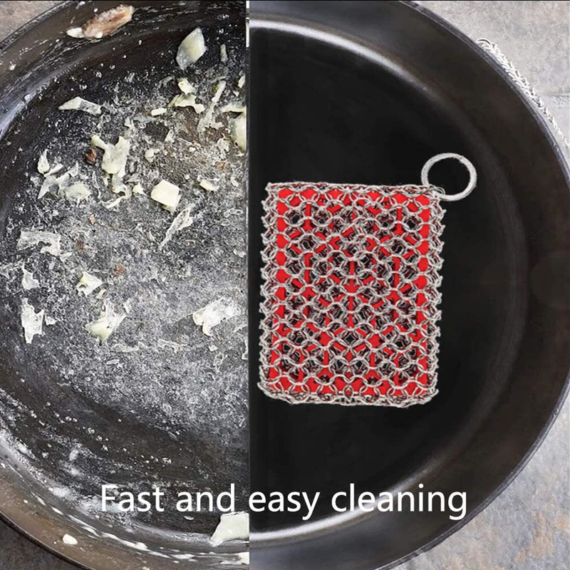 Cast Iron Cleaner,Stainless Steel Cleaner Chain Iron Scrubber with Silicone Insert,Chainmail Scrubber for Cast Iron Pans Cookware Skillet Dishwasher,Kitchen Tools Gadught (Cleaner Red)