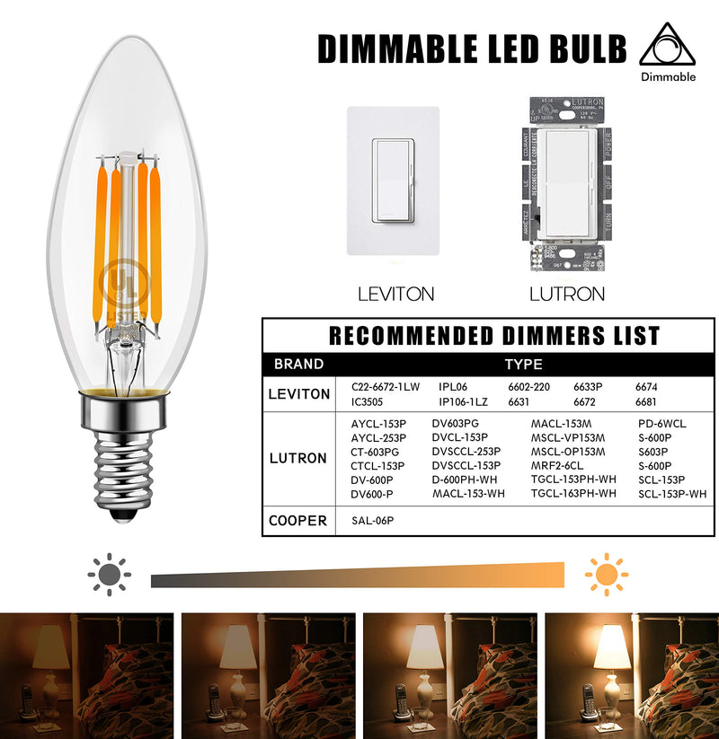LED Light Bulbs, Emotionlite Dimmable Candelabra Bulbs, E12 Base, Warm White, Chandelier Light, Ceiling Fan Bulb, 40W Equivalent, 4W, 2700K, 350LM, UL Listed, 6 Pack 2700K Warm White E12 Base/ 6Pack