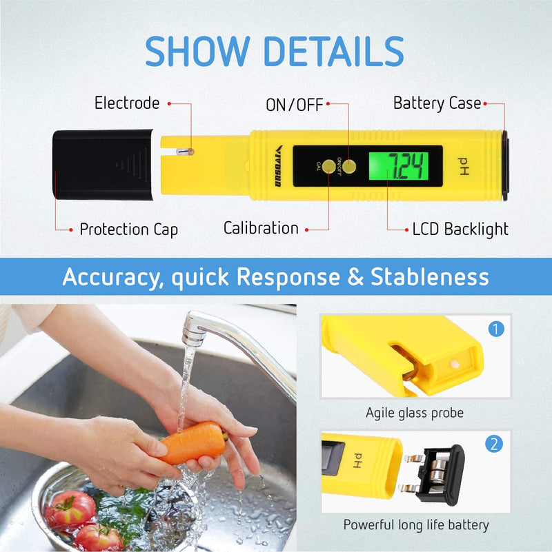 VIVOSUN pH and TDS Meter Combo, 0.05ph High Accuracy Pen Type pH Meter ± 2% Readout Accuracy 3-in-1 TDS EC Temperature Meter for Hydroponics, Household Drinking, and Aquarium, UL Certified