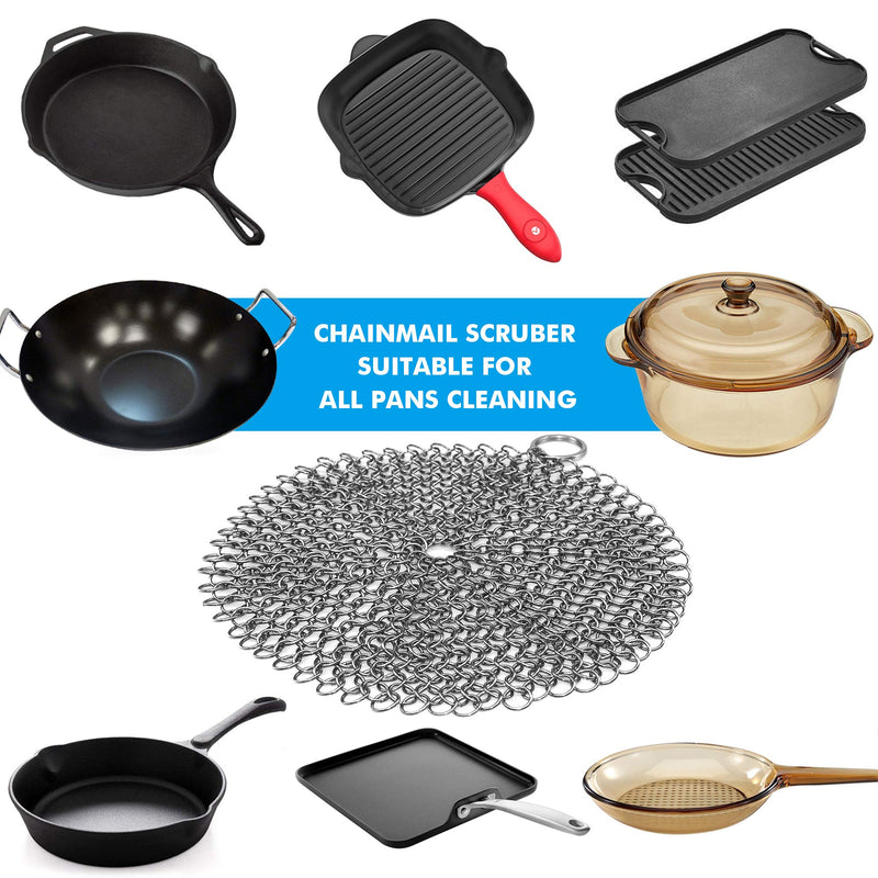 [AUSTRALIA] - 316 Stainless Steel Cast Iron Skillet Cleaner Cast Iron Scraper Chainmail Scrubber for Cast Iron Pans, Pre-Seasoned Pans, Griddle Pans, BBQ Grills, and More Pot Cookware-Round 7 Inch Diameter Stainless steel color-Round 