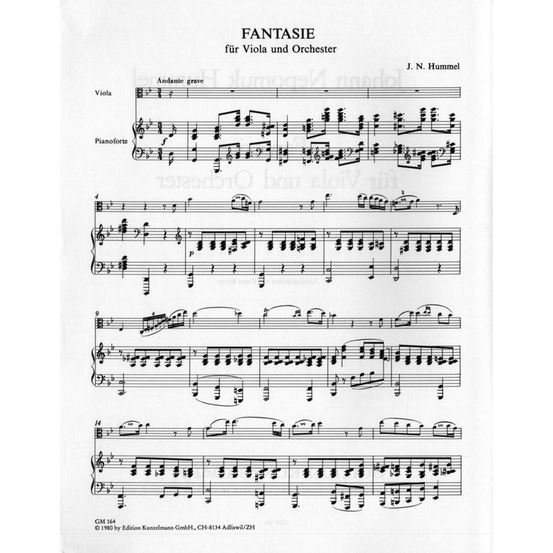 Hummel: Fantasie for Viola and Orchestra (Solo Part with Piano Reduction)