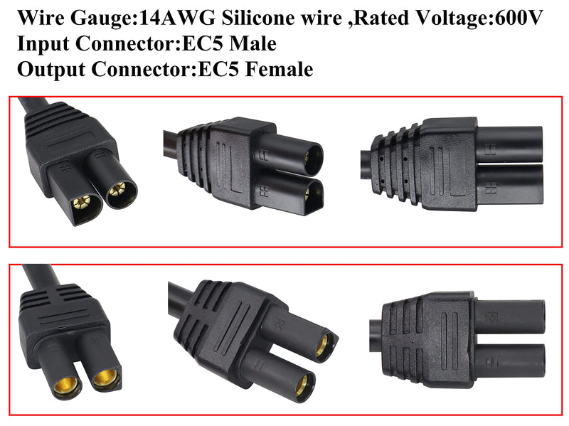 HCFeng EC5 Extension Cable 14AWG EC5 Male to EC5 Female Connector Extension Cable ADS-018 EC5 Male to EC5 Female Extension Cord for RC ESC LI-PO Battery [black-1m/3.3ft]
