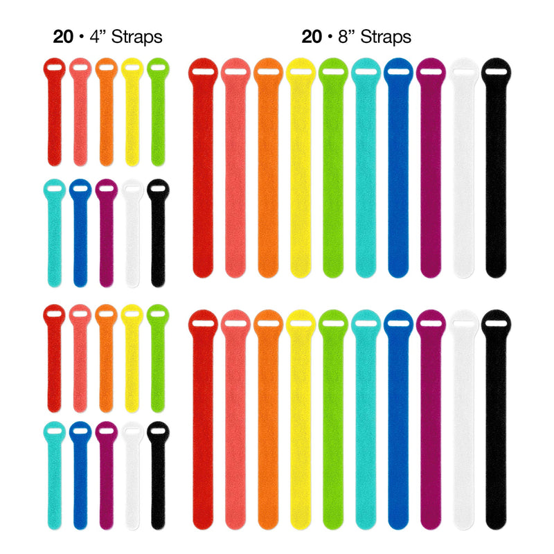 Self-Gripping Cable Ties by Wrap-It Storage, Multi-Color, 40 Pack (4 Inch and 8 Inch Straps) – Reusable Hook and Loop Cord Organizer Cable Ties for Cord Management and Desk or Office Organization